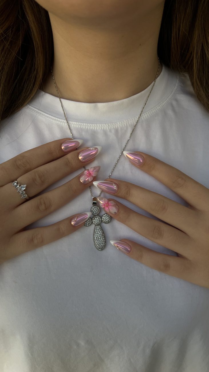 Pink pearl-chrome almond nails with white French and 3D flowers