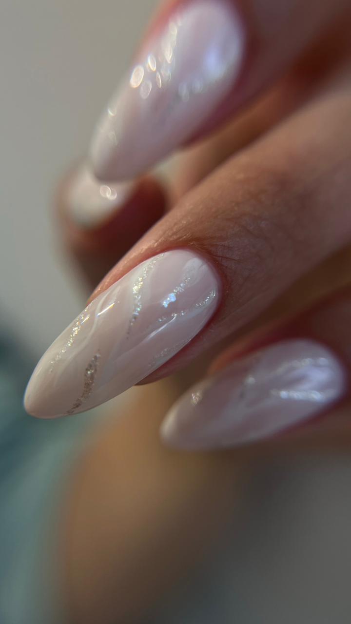 Milky almond nails with opal swirl