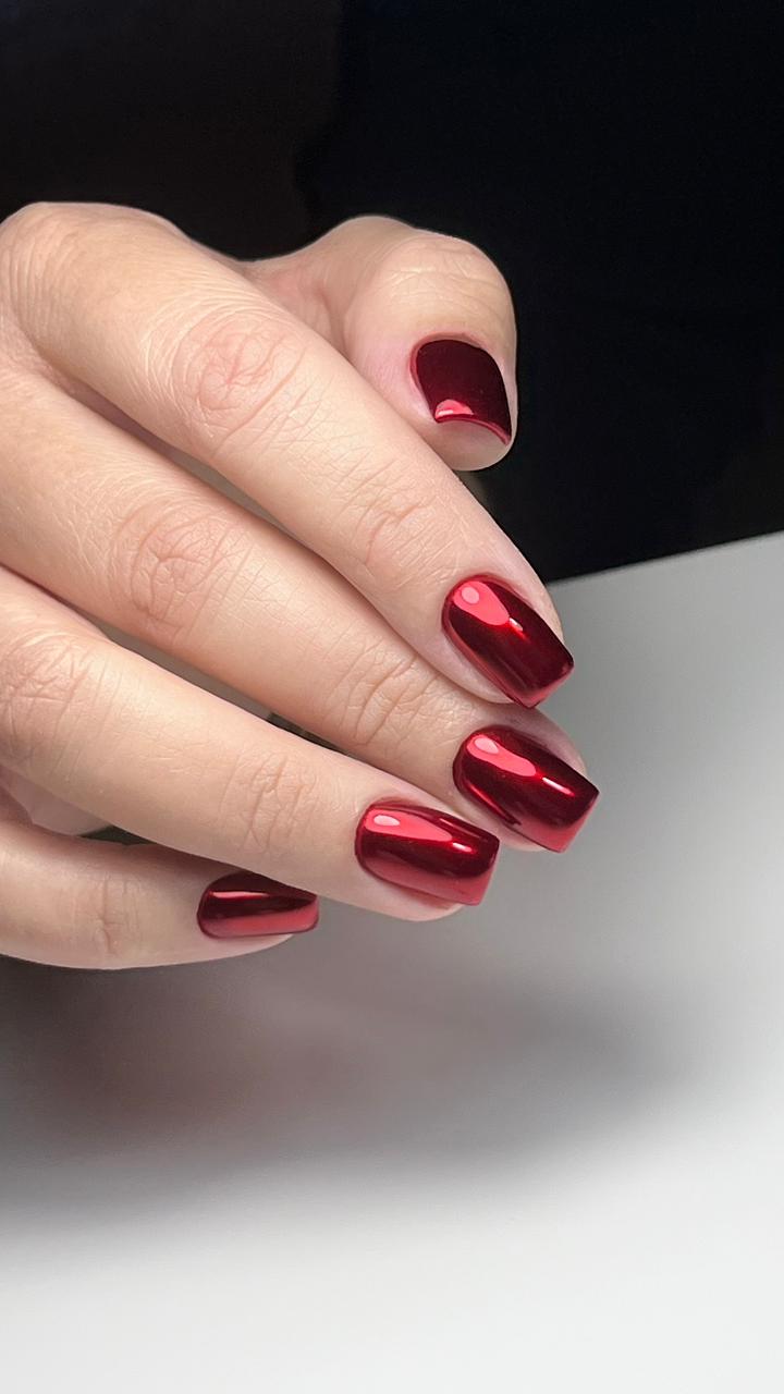 Mirror red chrome square nails