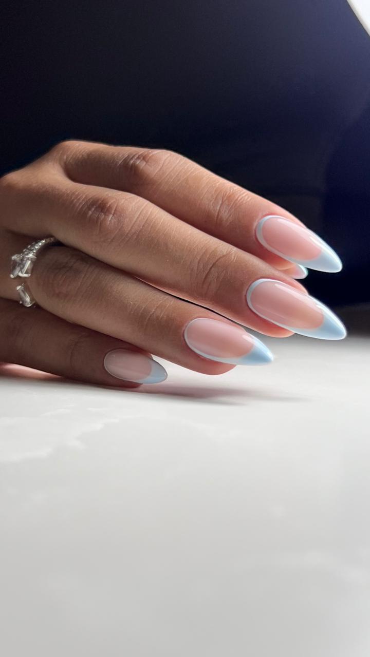 Baby-blue French almond nails